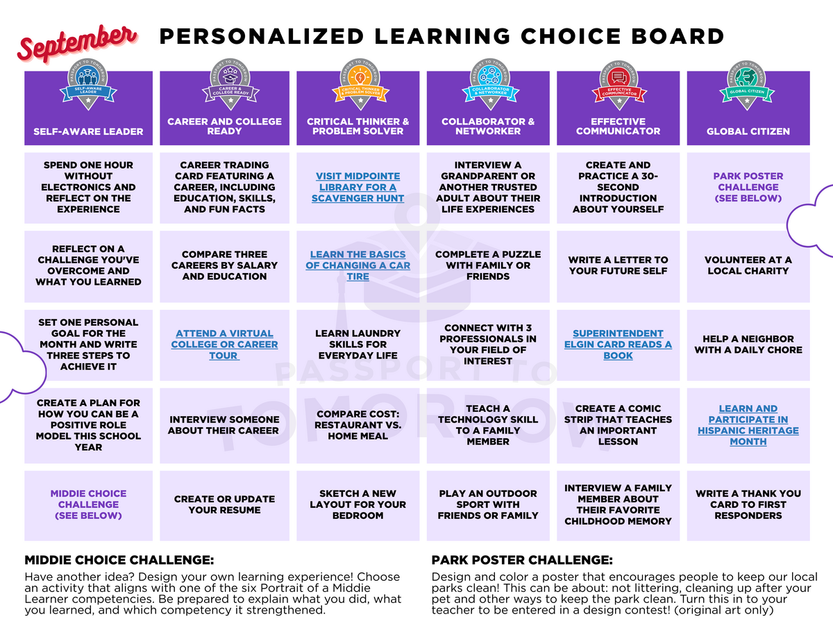 graphic of the personalized learning choice board with different tiles of options for students to pick from